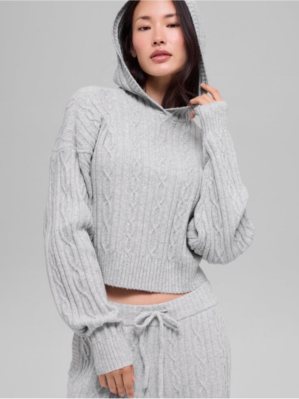 ALO Yoga Light Gray Cable Knit Hooded Sweater